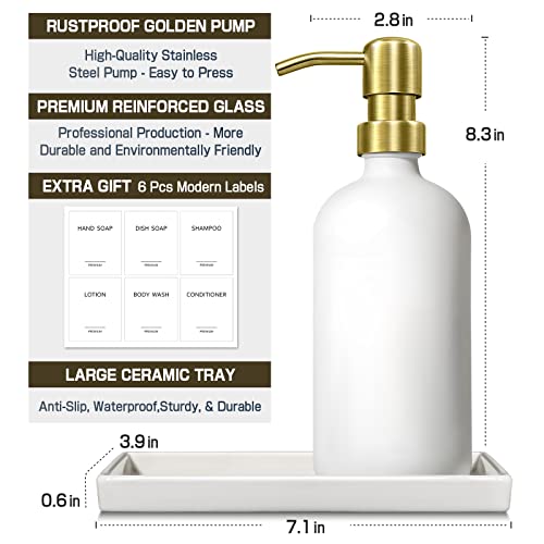 Gmiting Hand And Dish Soap Dispenser Set, Kitchen Soap Dispenser Set With Ceramic Tray, 2 Pack 16 Oz White Thick Glass Liquid Bottle With Gold Pump For Bathroom Decor, Modern Lotion Dispensers Bottles #TOP1