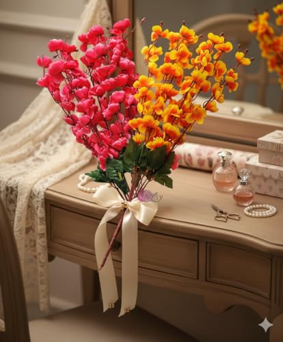 Image of ARTSY Artificial Flowers Bunch for Decoration Cherry Blossom, Ideal for vase, Home, Office Decor, Gifts, Craft, Artificial Plants for Decoration, Without vase, Orange Maroon, Combo, 2 Pieces