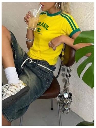 SHENHE Women's Brazil Crop Top Crew Neck Short Sleeve Graphic Colorblock Y2K Jersey Tshirt2
