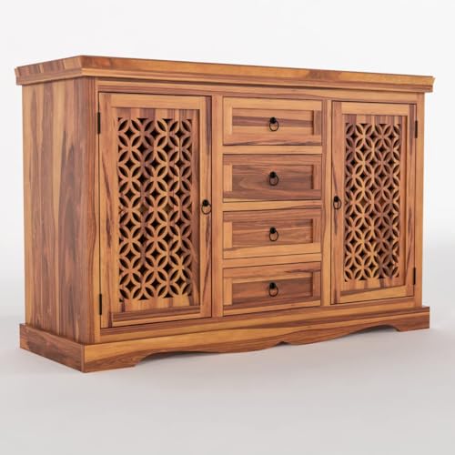Image of Solid Sheesham Wood Sideboard and Cabinets | Wooden Side Board Media Console Tv Cabinet for Living Room | Standing Cabinet with 4 Drawers & 2 Door Cabinet Storage | Natural Finish