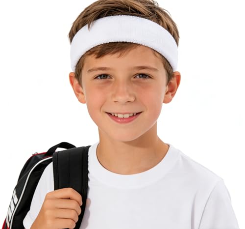 Image of Sports Sweatbands for Kids 4-Pack - Sweat Absorbing Headbands for Boys & Girls, Soft Elastic Non-Slip Bands for Basketball, Soccer, Running, Tennis & Workout