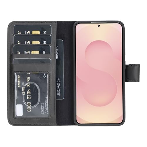 HARDISTON Premium Wallet Case for Samsung Galaxy, Handmade Genuine Leather, Detachable Magnetic Flip Cover with Card Holders, Customizable, Horizontal Kickstand (Black, for Samsung Galaxy S26)