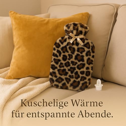 Bouillotte housse peluche léopard MIJOMA douce avec pompons - 2