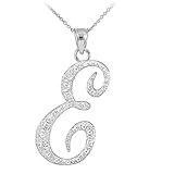 925 Sterling Silver CZ Script Initial Letter E Pendant Necklace, 16'