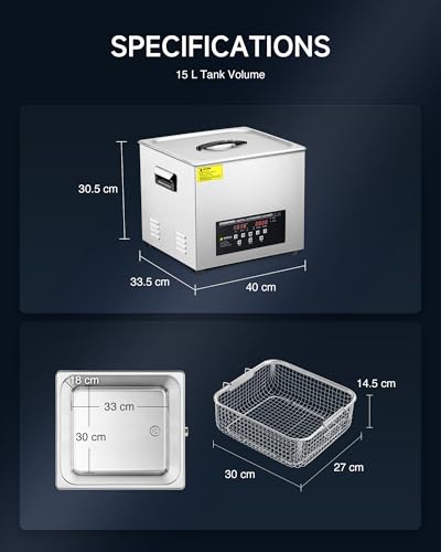 CREWORKS Professional 15L Ultrasonic Cleaner with Timer Digital for Cleaning Jewelry Glasses Watch Small Parts Circuit Board Instrument, Commercial Electric Ultrasound Clean Machine