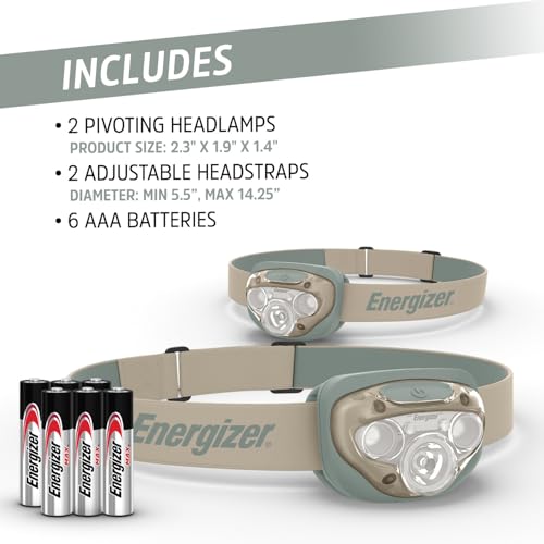 Image of Energizer LED Headlamp PRO (2-Pack), IPX4 Water Resistant Head Light | Hands-free light, camping headlamps for indoor and outdoor use, 260 lumens, head lights for forehead, 3 modes