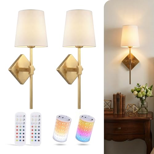 Image of CLOUDY BAY 10000mAh Battery Operated Wall Sconces,Up to 100 Hours with Rechargeable RGB Dimmable Magnetic Bulb,Cordless Wall Lighting Fixtures with Remote for Bedroom,Soft Gold,2 Pack-18inch