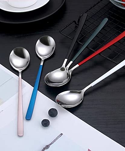 Image of YANCI Silverware Set, Stainless Steel Korean Silver Plated Round Head Soup Spoon, Table Spoon with 8.11 inch Long Handle Coffee Ice Cream Dessert Dinner Spoons Scoop (Random Color, 2 Pieces)
