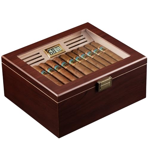 ProCase Humidor do cygar z drewna, z nawilżaczem powietrza, podszewką z drewna cedrowego, szklanym blatem, cyfrowym higrometrem, duży, brązowy