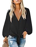 Roskiky Damen V-Ausschnitt Button-down Langarm Bluse Hemd Knoten vorne Casual Top Schwarz Größe L
