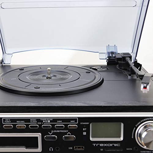Trexonic 3-Speed Turntable with CD Player, CD Recorder, Cassette Player, Wired Shelf Speakers, Fm Radio & CD/USB/SD Recording