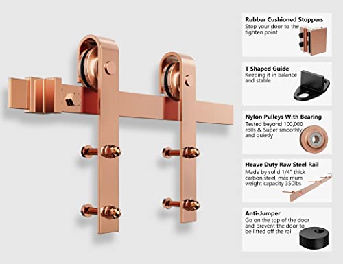 Roomtec 6.6Ft Colorful Sliding Barn Door Hardware Track Kit, Rose Gold Roller Kit For 1 Doors, J Shape(No Door) (6.6 Ft-J Shape-Rose Gold) #TOP2