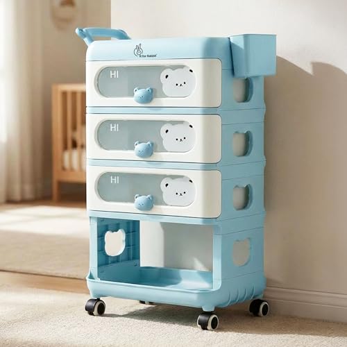 Image of R for Rabbit Kiddo Korner Bear Baby Organiser with Drawers & Wheels | Kids Toy & Clothes Storage with Open Shelf & Side Basket | Easy Plug N Play Installation with Lockable 360 Wheels (Blue Cream)