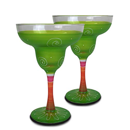 Set of 2 Light Green & White Hand Painted Margarita Drinking Glasses - 12 Ounces