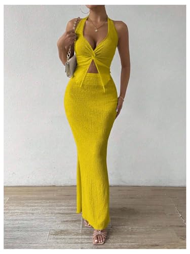 Image of SOLY HUX Women's Two Piece Outfits Twist Front Halter Cami Tops and Skirt Summer Set
