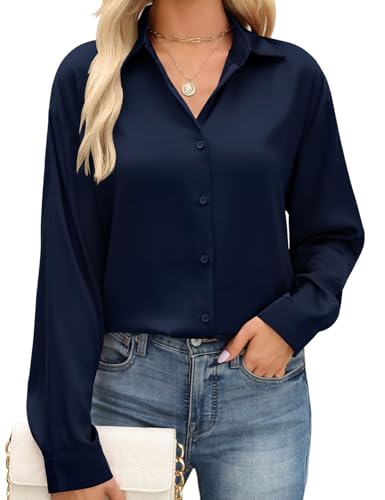 PASUDA Camisas Mujer Elegantes Blusas Manga Larga Raso Camiseta Otoño Informal Botón Camisa Moda Cuello en V Túnica Tops Casual Fiesta Empresa Trabajo Blusa(Azul Marino,M)