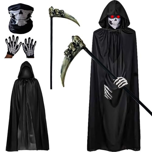 KEELYY Sensenmann Kostüm, Halloween Kostüm Sensenmann Umhang mit Kapuze, Tod Kostüm mit Gesichtsmaske Handschuhe Sense, Grim Reaper Kostum Erwachsene für Halloween, Karneval, Cosplay