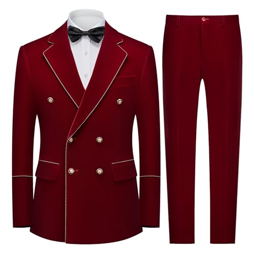 UNINUKOO Double Breasted Suit Men Velvet Classic Fit Formal Dinner Party Wedding 2 Piece Business Suits for Men US Size L Burgundy3