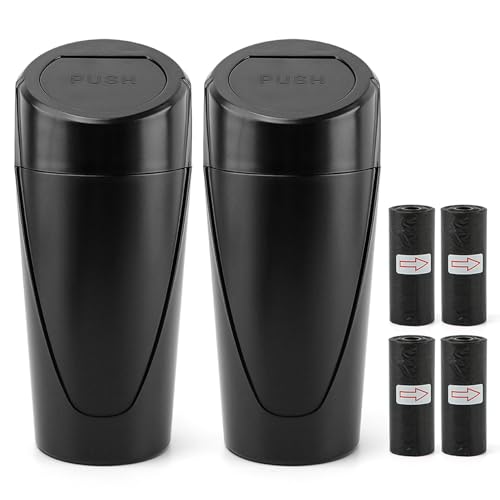 Image of EMVANV Car Trash Can Bin with Lid, 2 pcs Black Mini Leakproof Vehicle Trash Garbage Can Bin with 4rolls x Garbage Bag, Car Organizers and Storage for Front Back Seat