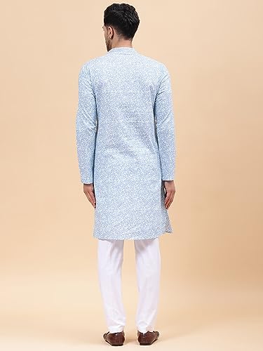 See Designs Sky Blue & White Cotton Regular Fit Embroidered Kurta Set Mandarin Collar Long Sleeves_Sdekt126801M