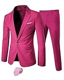 Hihawk Men's 2 Piece Slim Fit Suit with Stretch Fabric, Solid One Button Blazer Jacket Vest Pants Set with Tie.Fuchsia