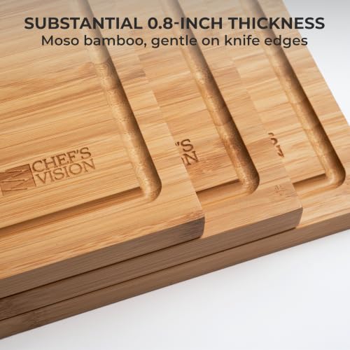 Chef's Vision Set de 3 Tablas de Cortar de Bambú, 0.8 Pulgadas de Grosor, Formato Rectangular con Manijas Integradas y Surcos para Jugos miniatura 3