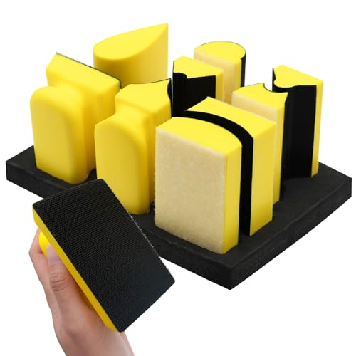 Juego de 9 bloques de lijado manual de perfil contorneado, bloque de lijado manual de material de espuma de gancho y bucle, formas convexas y cóncavas intercambiables surtidas, para madera, reparación