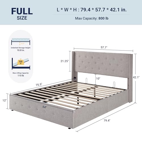 Allewie Full Size Lift Up Storage Bed, Button Tufted Headboard with Wingback, Hydraulic Support, No Box Spring Needed, Light Beige