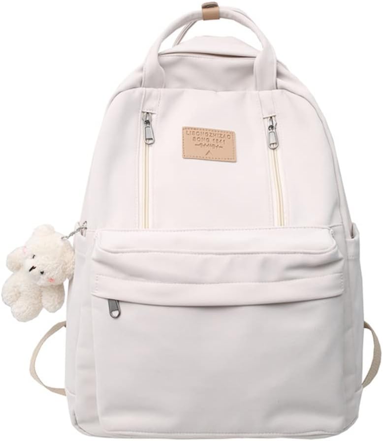 JHTPSLR Preppy Backpack with Plushies Cute Vintage Backpack for School Girls Light Academia Bookbags Solid Aesthetic Backpack