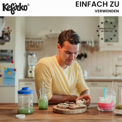 Kefirko Gärflasche für die 2. Gärung, mit blauem Deckel zum Aufbewahren und Trinken von Milch- und Wasserkefir, 1,4 l – Ansicht 6