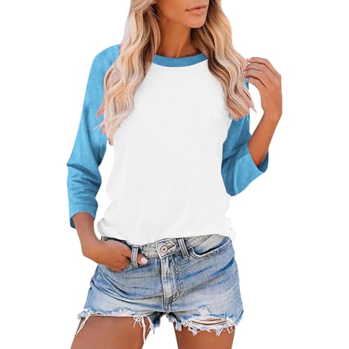 3/4 Sleeve Tops for Women Workout Jersey Shirts Baseball Style Raglan Tshirts Casual Color Block Tees Comfy Steetwear A01 Blue 3X-Large