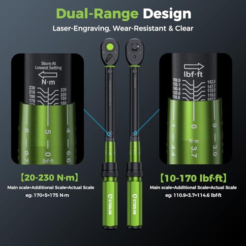 ETOOLAB 1/2 Torque Wrench Dual-Range【20-230Nm/10-170lbf-ft】±3% Precision, 72 Tooth Dual-Direction Adjustable Torque Wrench for Bicycle, Moto, Car Maintenance—3pcs 5 ETOOLAB 1/2 Torque Wrench Dual-Range【20-230Nm/10-170lbf-ft】±3% Precision, 72 Tooth Dual-Direction Adjustable Torque Wrench for Bicycle, Moto, Car Maintenance—3pcs - Image 5