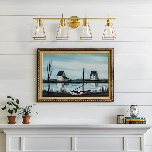 Image of Industrial Bathroom Vanity Lights: 4-Lights Gold Brushed Brass Vintage Metal Cage Wall Lamps - Rustic Farmhouse Light Fixture Over Mirrors Cabinet for Painting Hallway