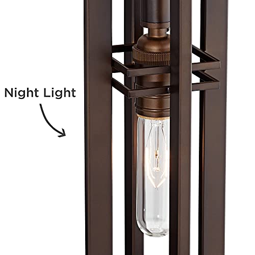 Franklin Iron Works Elias Mid Century Modern Industrial Table Lamp With Nightlight 28" Tall Oil Rubbed Bronze Off White Oatmeal Drum Shade For Living Room Bedroom House Bedside Home Office Reading #TOP4