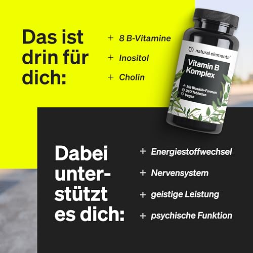 natural elements Vitamin B Komplex – 240 Tabletten – mit 8 essenziellen B-Vitaminen & Kofaktoren – mit Bioaktiv-Formen – vegan, hochdosiert – laborgeprüft