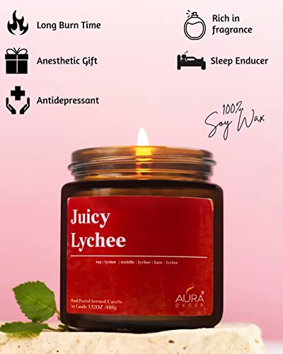 Image of AuraDecor Scented Jar Candle | Handpoured Soy Wax Candle with Long Lasting Burn Time | Premium Amber Jar Aromatherapy Candle | Ideal Gift for Home & Decor (Large, Juicy Lychee)