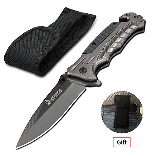 NedFoss Pocket Knife with Clip, Survival Folding Knife with Seat Belt Cutter