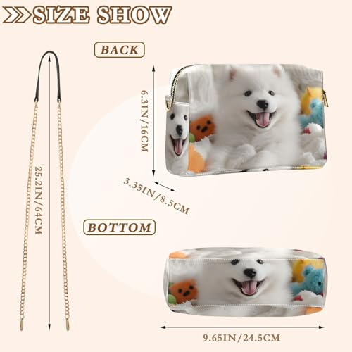Women Crossbody Bag Shoulder Handbag Cellphone Purse White Cute Dog Print, PU Leather Metal Chain Strap Water Resistant Zipper Closure3