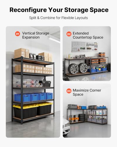 Image of VEVOR Storage Shelves, 5-Tier Adjustable, 3000 lbs Capacity Heavy Duty | Storage Shelving Unit, Metal Utility Rack Shelf, Ideal for Garage Workshop Warehouse Basement, 48.35 inch W x 24.37 inch D x 71.38 inch H