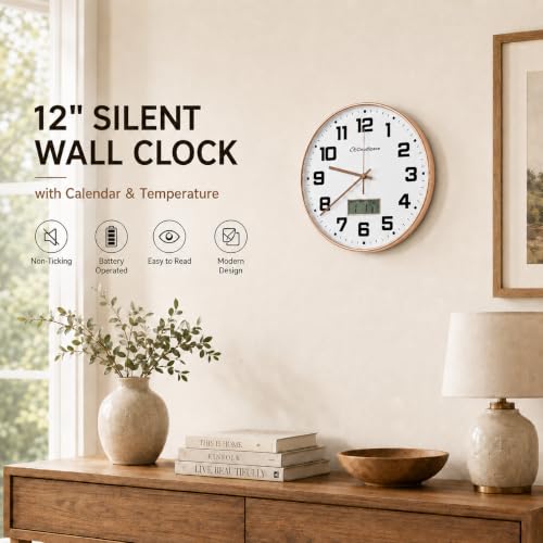 Image of Cloud Space 12 inch Silent Wall Clock Battery Operated, Non Ticking Modern Wall Clock with LCD Calendar & Fahrenheit Temperature Display, Easy-to-Read Kitchen Bedroom Office Living Room Wall Clock