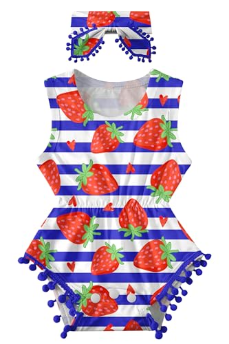 Image of Newborn Girls Strawberries' Jumpsuits 3D Printed Rompers for Babys 0-3 Months Summer Sleeveless Pom Pom Lace One Piece Playsuits with Headband Boys Casual Party Wear Outfits