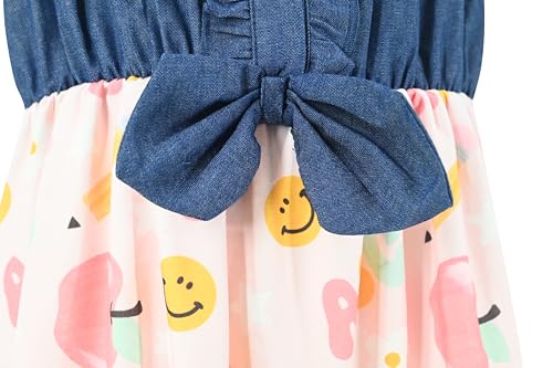Image of Unique Baby Girls Sleeveless Denim Dress with Knot Tie and Fun Print for Toddler and Big Kids