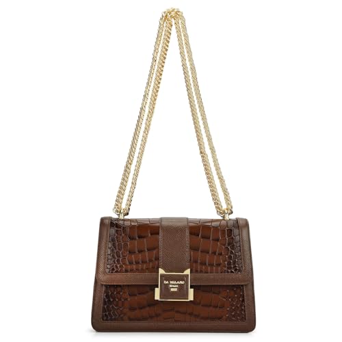 Da Milano Leather Brown Shoulder Bag for Women Leather Handbag for Women Walnut Brown Shoulder Purse with Push