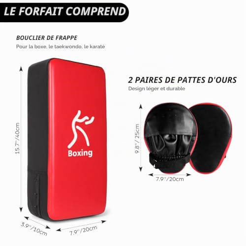 Odoland Kit de Boxe Compris Paos et Boucliers de Boxe pour Enfant et Adulte, Pattes d'ours et Bouclier de Frappe 2 en 1 pour Arts Martiaux Karaté Muay Thaï Entraînement MMA, Rouge – vue 2