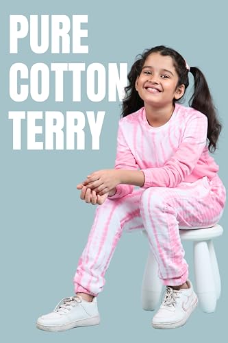 Image of Tweeny Mini Girls Kids Pure Cotton Terry Joggers Set | Tie Dye Co ord Set Winter Combo Outfit with Full Sleeves Sweatshirt and Pants | Relaxed and Comfortable Fittings