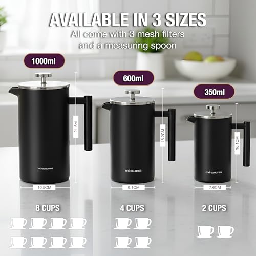 Image of andrew james Double Walled Stainless Steel Cafetiere Gift Set With 3 Mesh Filters, Coffee Measuring Spoon And Bag Sealing Clip, Delicious French Press Coffee, Easy to Clean (Matt Black, 350ml)