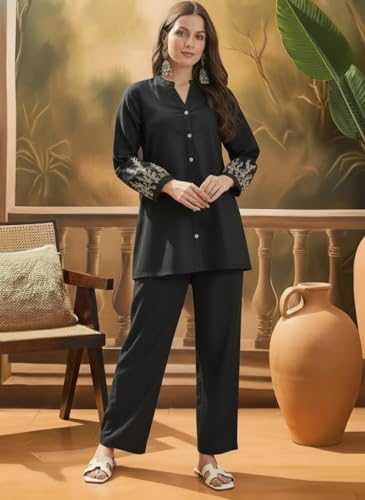 Image of SHEINZY Elegant Embroidered Sleeve Co-Ord Set for Women | Comfortable Silk Blend V-Neck Button-Down Top Matching Pants | Stylish Casual Ethnic Wear