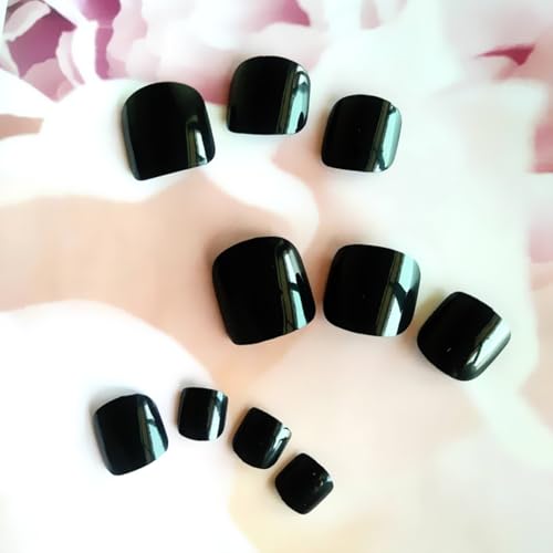 Image of Classic Black Press on Toenails Short Square Fake Toe Nails Full Cover Glossy Stick on Toe Nails for Women Daily Manicure 24Pcs