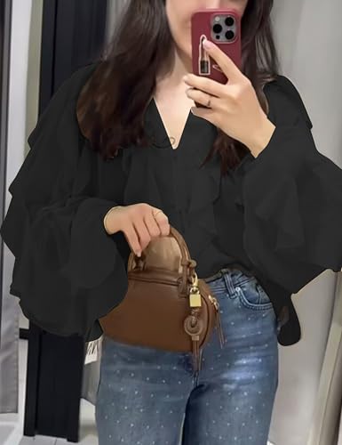 HangNiFang Ruffled Multi-Layered Summer Blouse for Women Trendy Semi See Through V-Neck Long Sleeve Button Chiffon Shirt Tops2