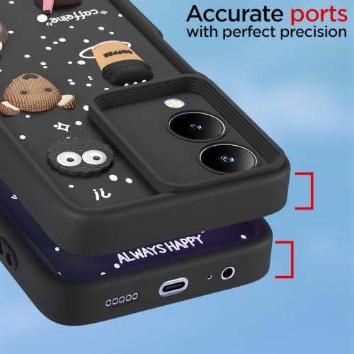 Image of Pikkme Back Cover for Vivo Y17s / Vivo Y28 | 3D Bear Silicone Cute & Fun Coffee Cartoon | Full Body Protection Bumper Case (Black)